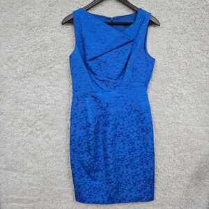 David Meister Cocktail Dress Womens 6 Royal Blue Jacquard Asymmetrical Sheath